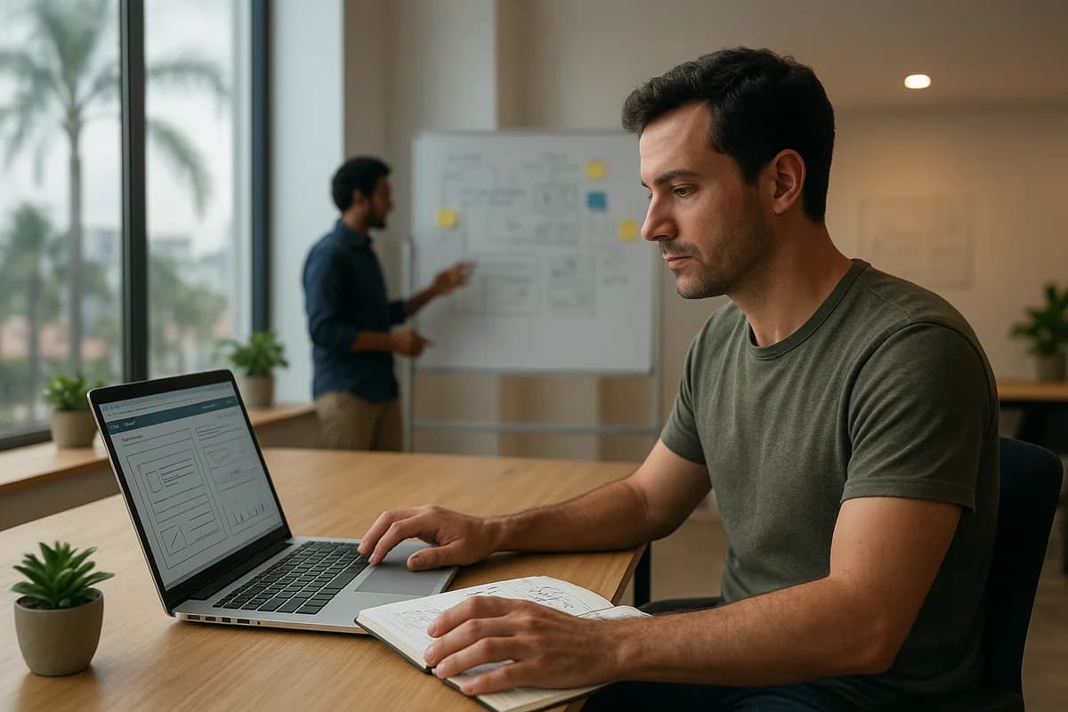 Empresário em Salvador analisando opções de criação de sites em um ambiente moderno.