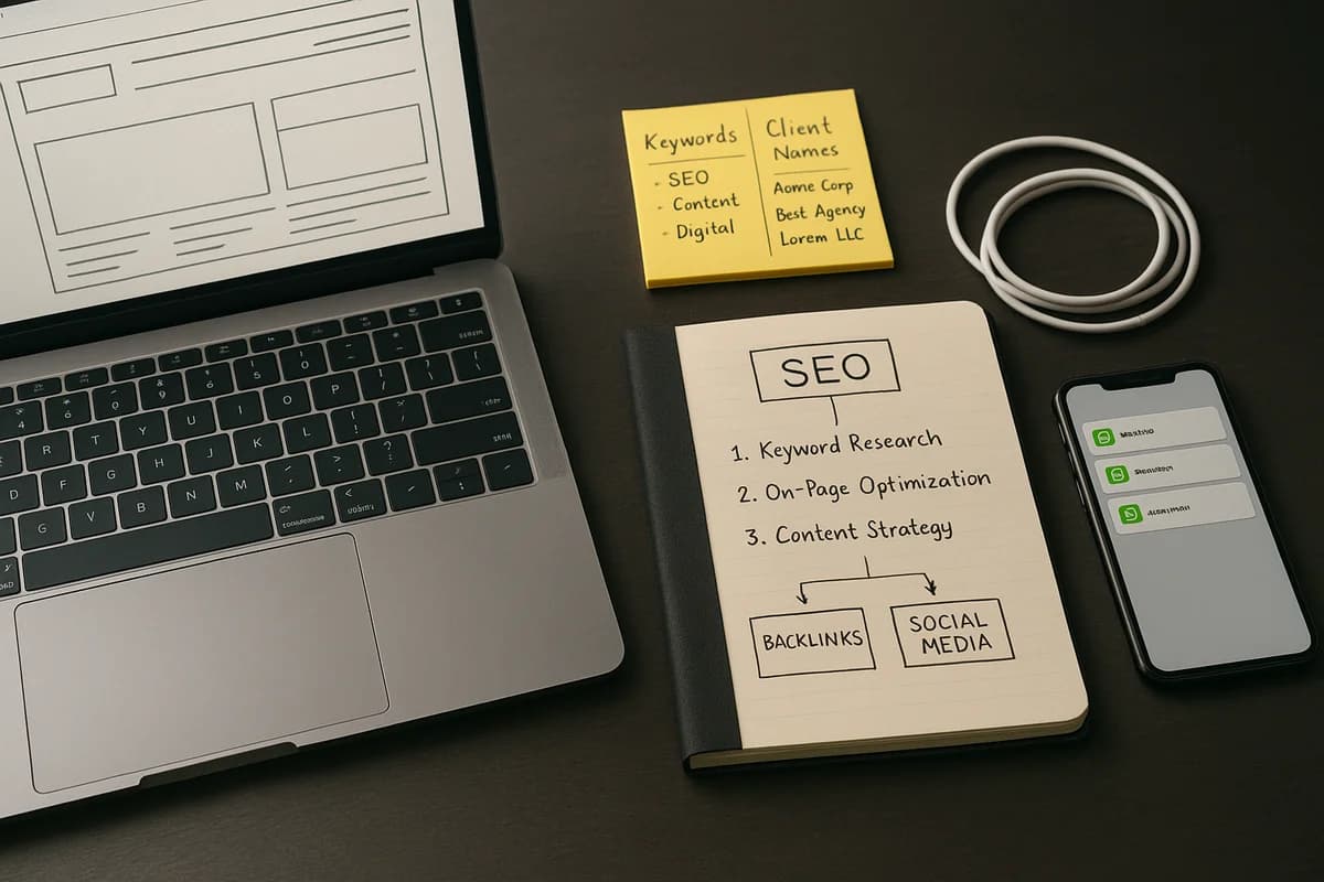 Modern workspace in Salvador with a desktop computer showcasing a professional website, large windows framing a beach view, and tropical minimalist decor.