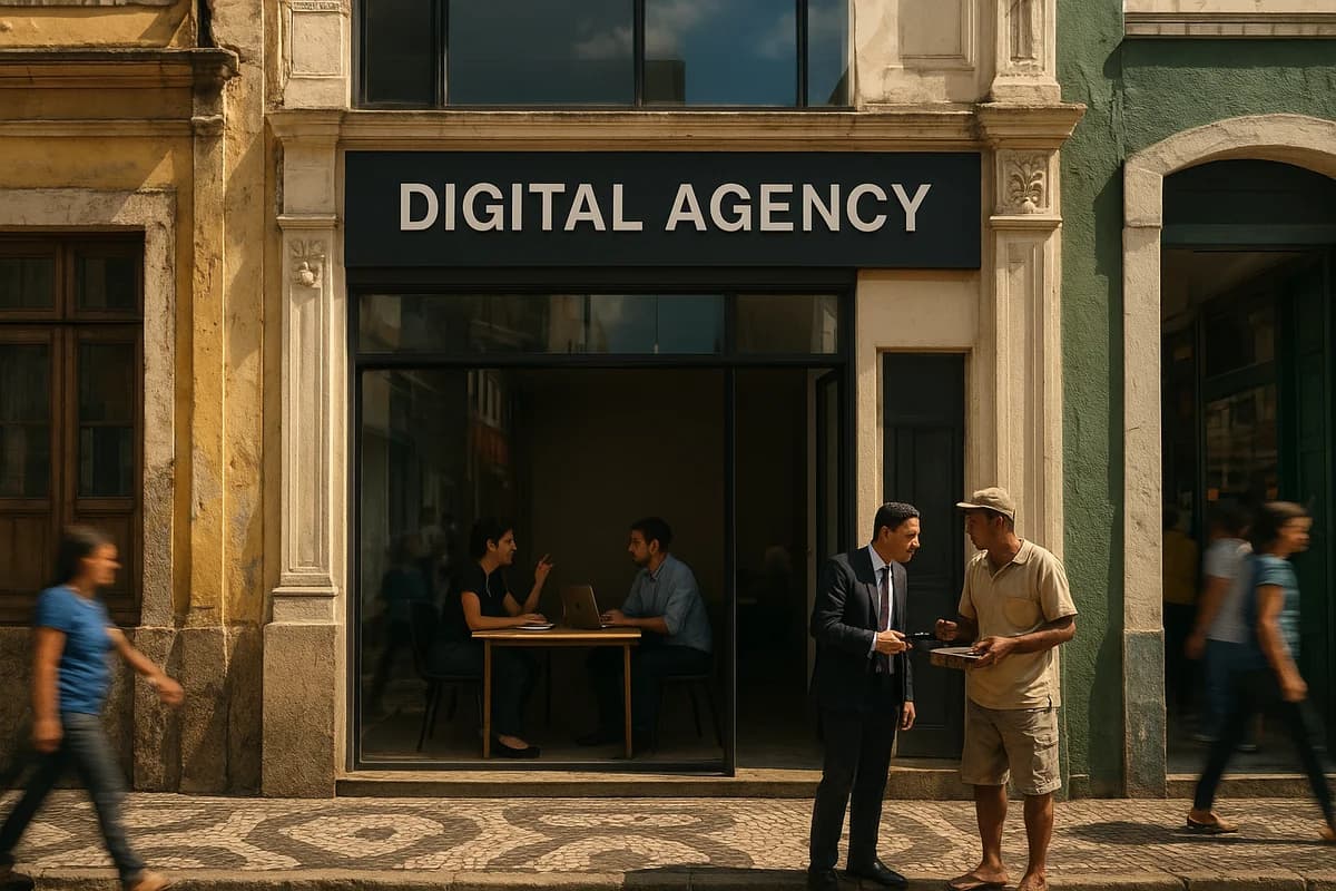 A modern workspace with a futuristic holographic interface, overlooking Salvador's urban and coastal skyline at sunrise, symbolizing sales automation and business growth.